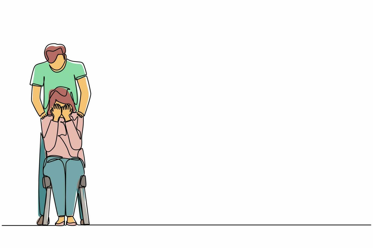 Single one line drawing man comforting crying woman and touching her shoulders. Female suffering from anxiety, loneliness, trying to cope with depression or loss. Continuous line graphic design vector