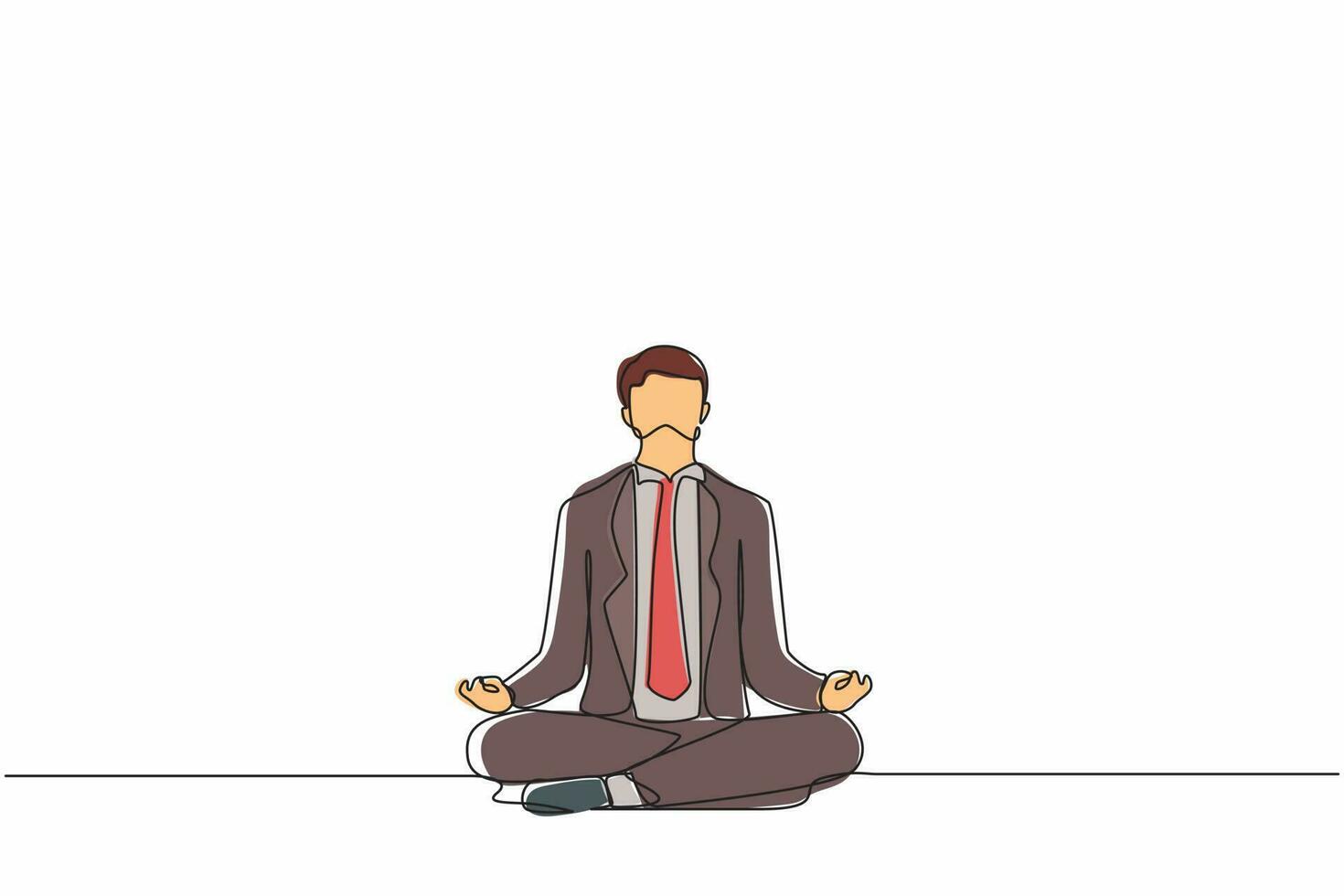 Single continuous line drawing businessman doing yoga. Office worker sitting in yoga pose, meditation, relaxing, calm down and manage stress. Dynamic one line draw graphic design vector illustration