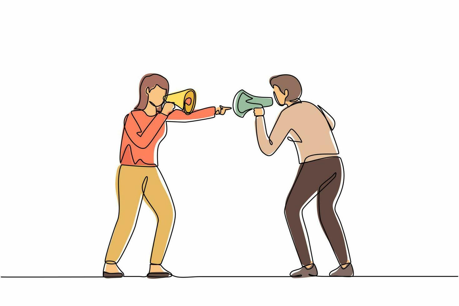 Single continuous line drawing man and woman hold loudspeakers scream at each other engaged in family fight. Stubborn angry husband and wife yell shout in megaphones. One line graphic design vector