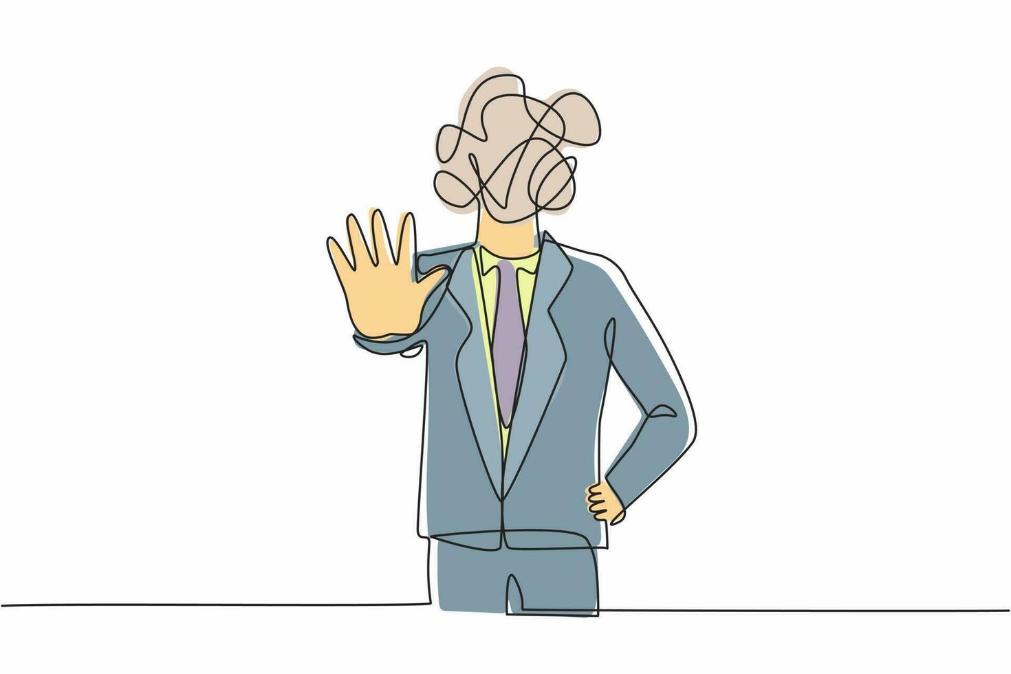 hombre de negocios de dibujo de una sola línea con garabatos redondos en lugar de una cabeza. hombre haciendo un gesto de parada con la mano, diciendo que no. señal de advertencia con la palma de la mano. ilustración de vector de diseño de línea continua