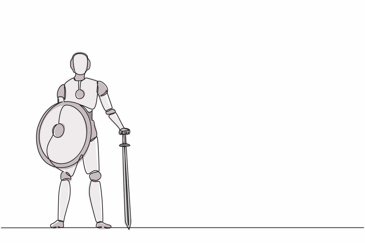 Continuous one line drawing robots stands holding big sword and shield. Humanoid robot cybernetic organism. Future robotics development concept. Single line draw design vector graphic illustration