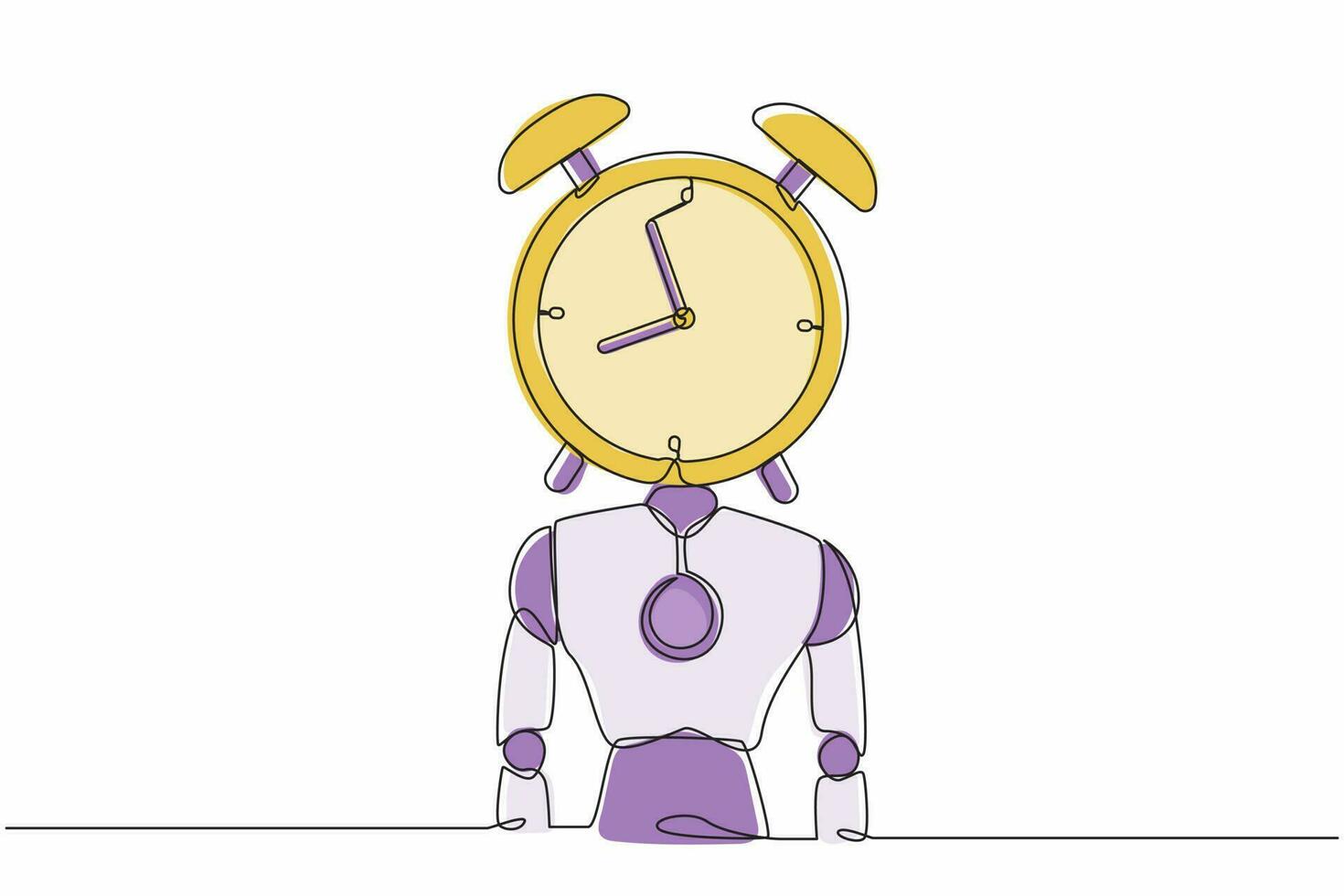 Continuous one line drawing robot with alarm clock instead of head. Future technology development. Artificial intelligence and machine learning process. Single line design vector graphic illustration