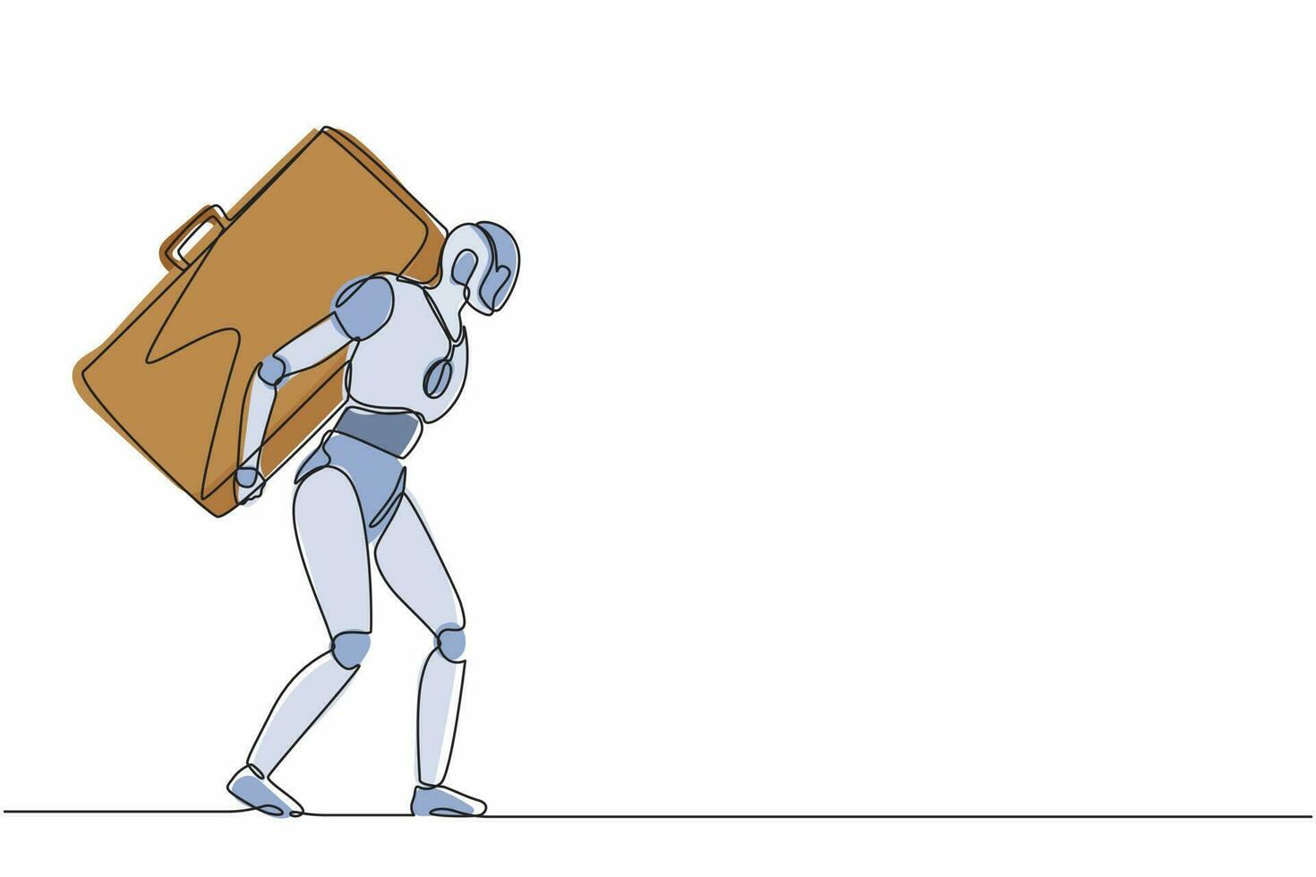 Continuous one line drawing robots standing and carrying heavy huge briefcase. Humanoid robot cybernetic organism. Future robotics development concept. Single line design vector graphic illustration
