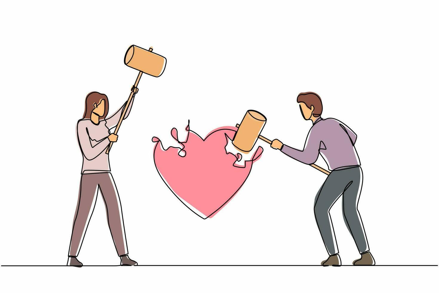 dibujo de una sola línea continua pareja enojada marido y mujer usando un gran martillo para golpear la forma del corazón roto. problema matrimonial, divorcio, violencia en una relación rota. vector de diseño gráfico de dibujo de una línea