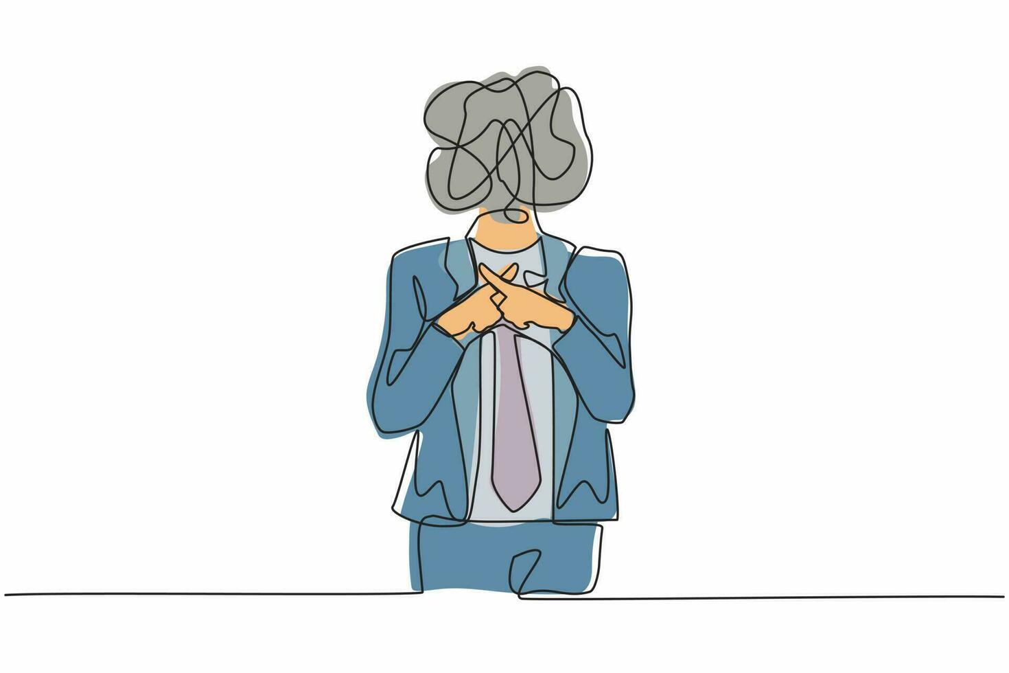 Single one line drawing businessman with round scribbles instead of a head. Man hand making sign crossing fingers forming an x. Cross, wrong or banned just say no. Continuous line draw design vector