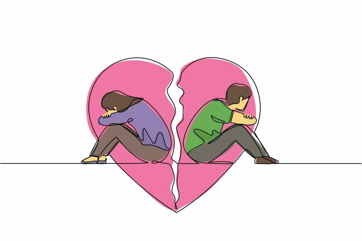 una sola línea dibujando una pareja de hombre y mujer, sentados espalda con espalda, tristes y enojados el uno con el otro. ruptura, problemas de relación, corazón roto, separación. vector de diseño gráfico de línea continua