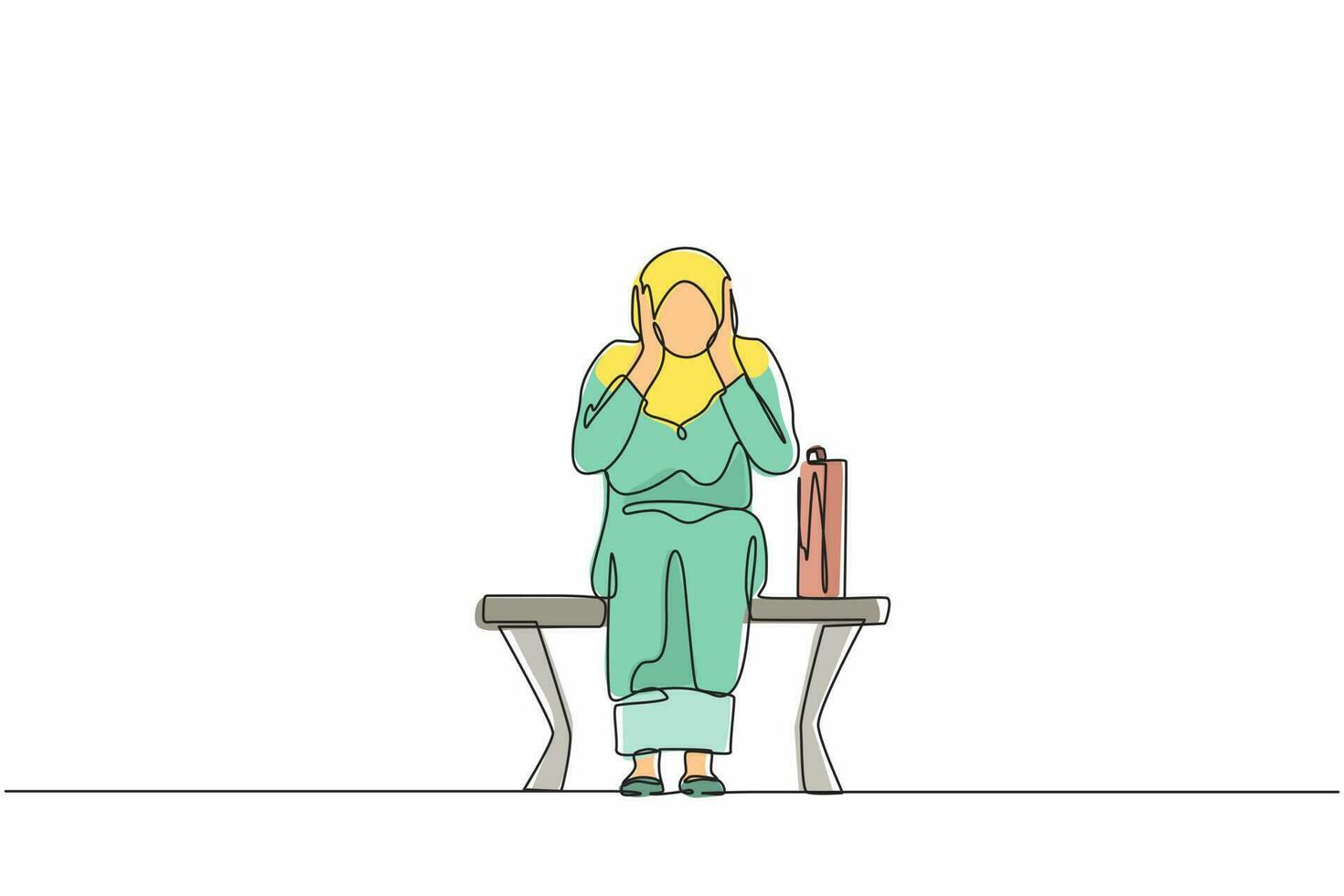 Single one line drawing sad Arabian businesswoman, depression. Lonely woman sitting on park bench. Young female character holding her head. Failure concept. Continuous line draw design vector graphic