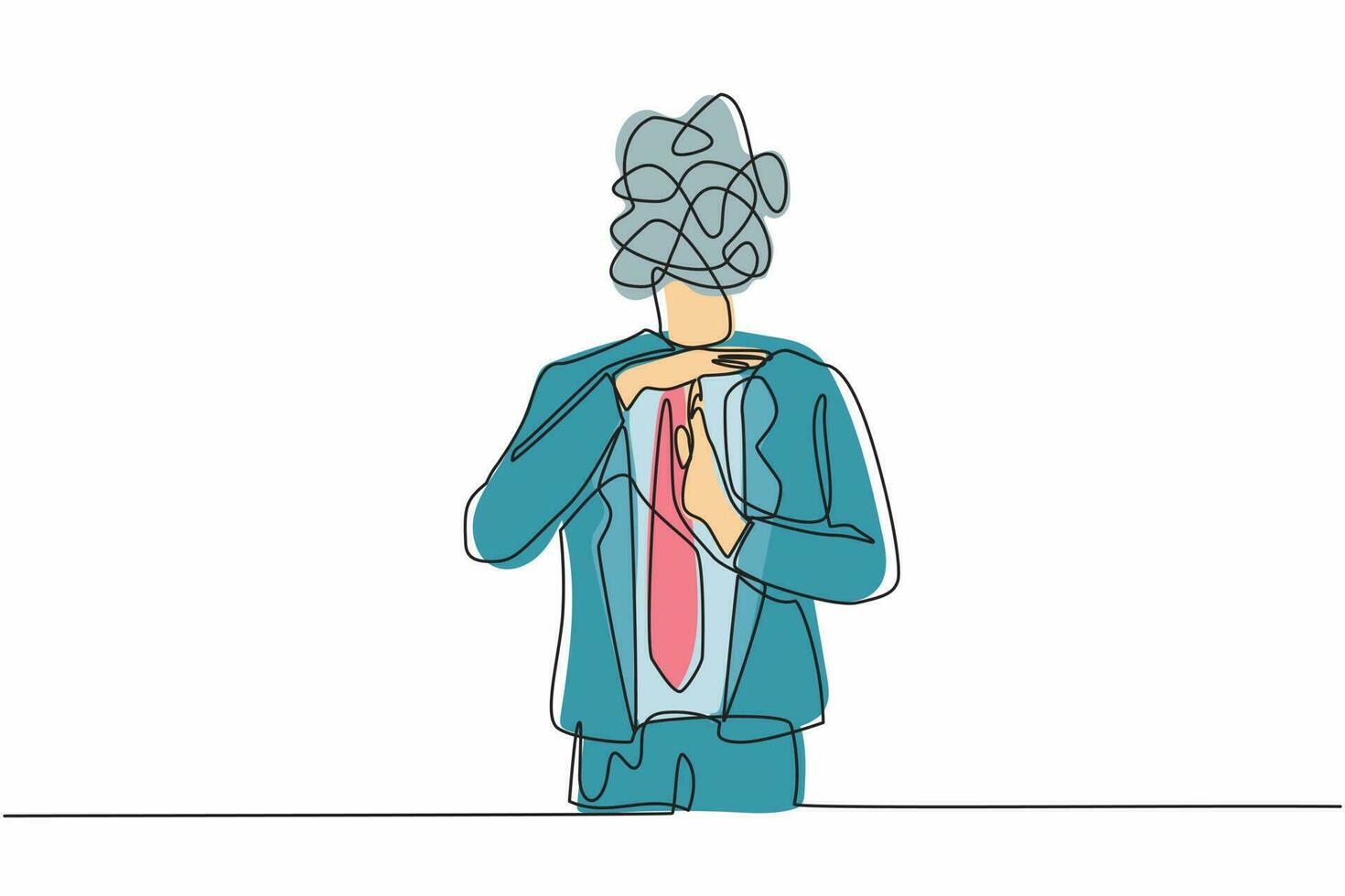 Single continuous line drawing businessman with round scribbles instead of head. Stop working, time break gesture, timeout signal. Pause. Nonverbal communication. One line draw graphic design vector