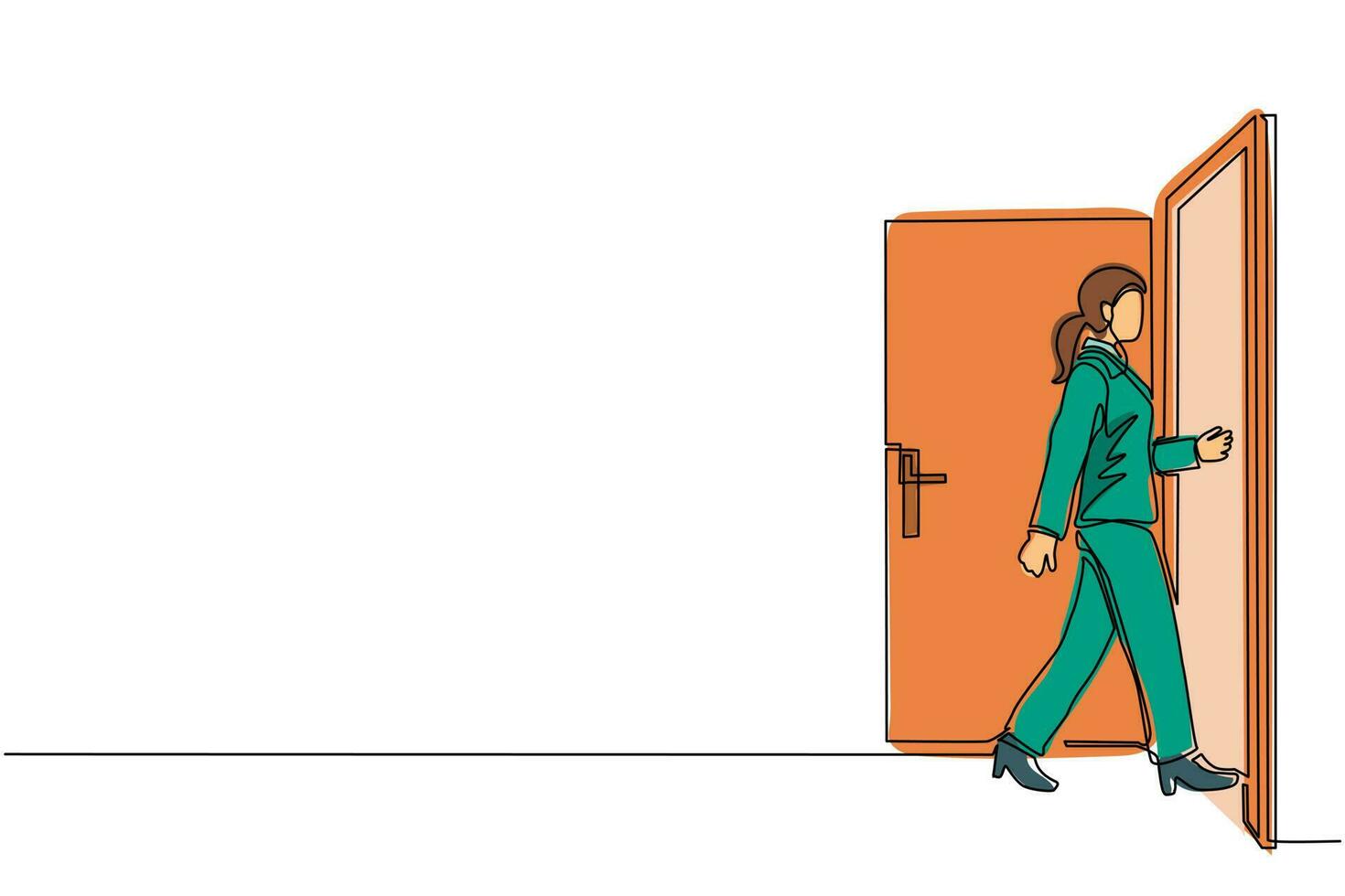 Single one line drawing businesswoman enters the room through the door. Woman walking to opened door. Starting new day at office. Business concept. Continuous line draw design vector illustration