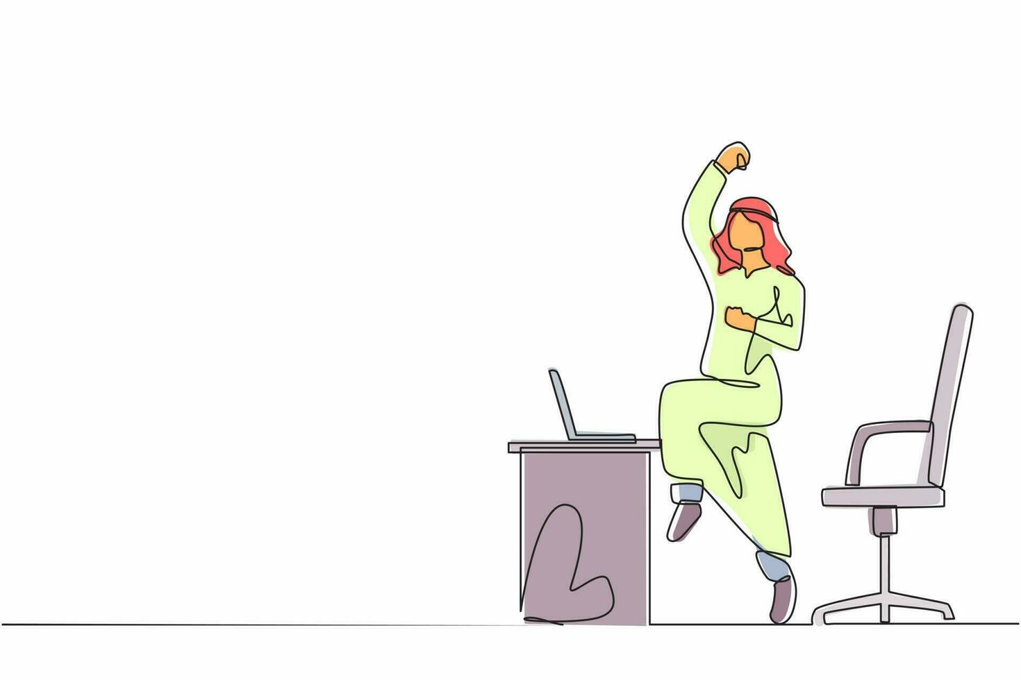 Continuous one line drawing happy Arab businessman jumping and dancing on his workplace. Male manager celebrating success of increasing company's product sales. Single line draw design vector graphic