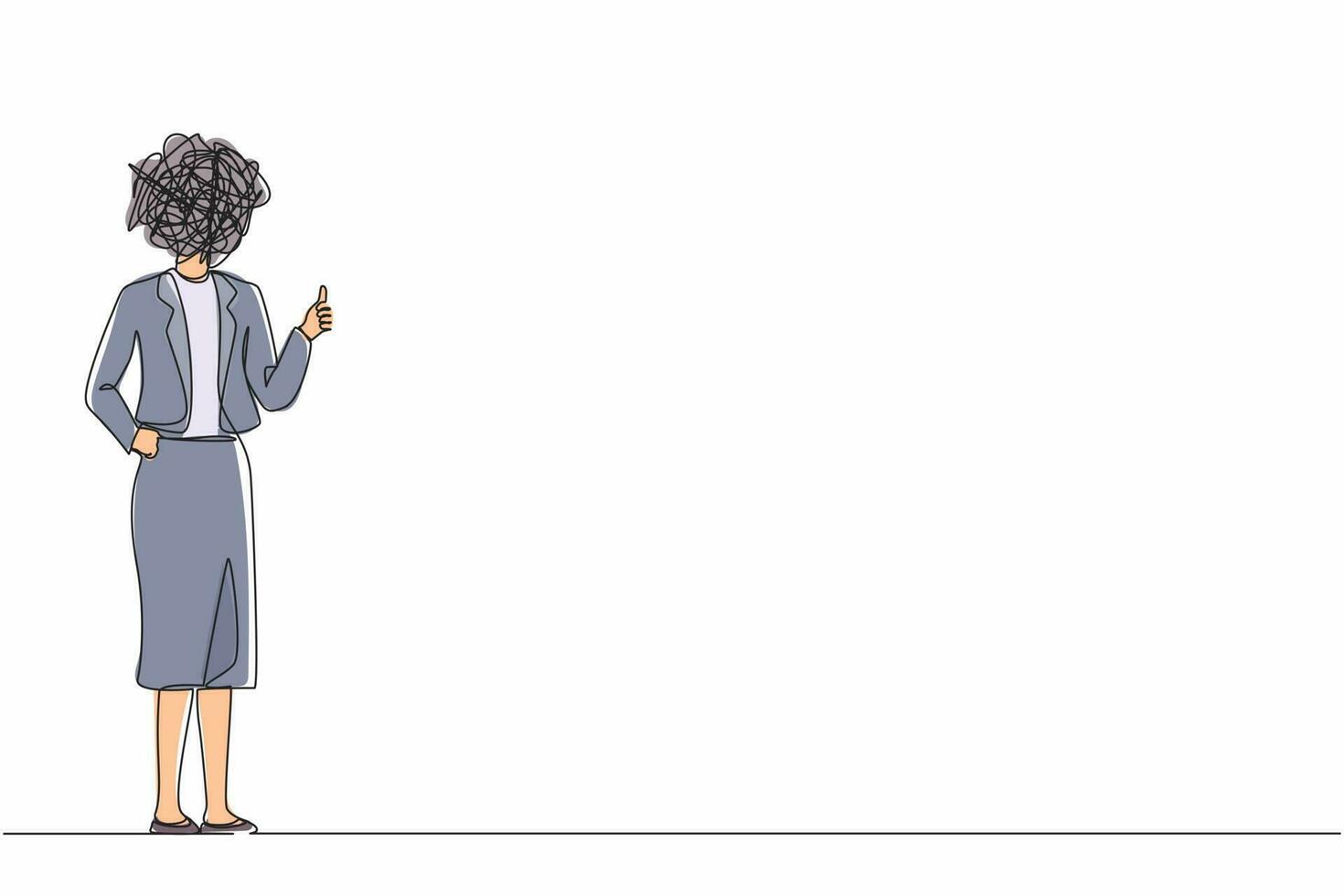 Continuous one line drawing businesswoman with round scribbles instead of head. Female manager dressed in blazer showing thumbs up sign. Deal, like, agree, approve. Single line graphic design vector