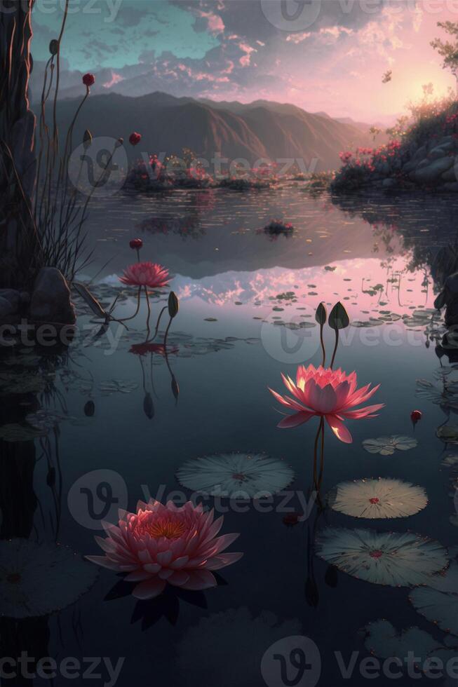 group of pink flowers floating on top of a body of water. . photo