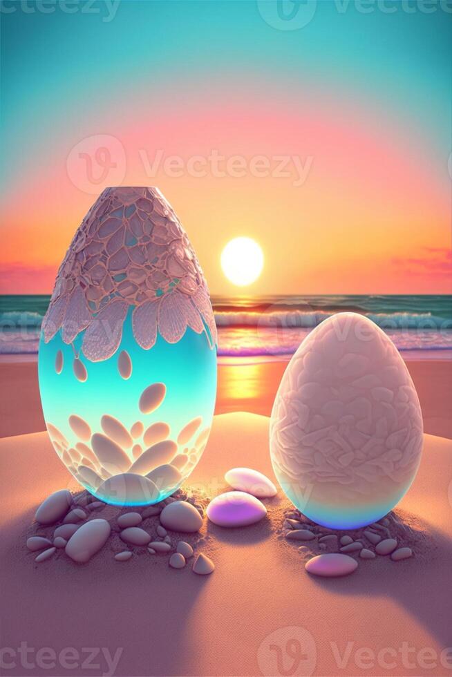 couple of eggs sitting on top of a sandy beach. . photo