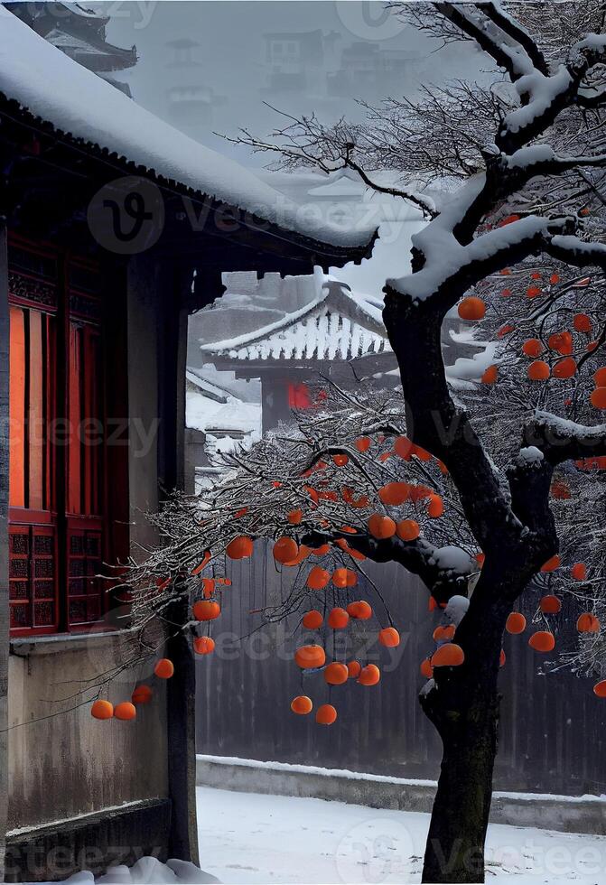 tree with orange lanterns hanging from its branches. . photo