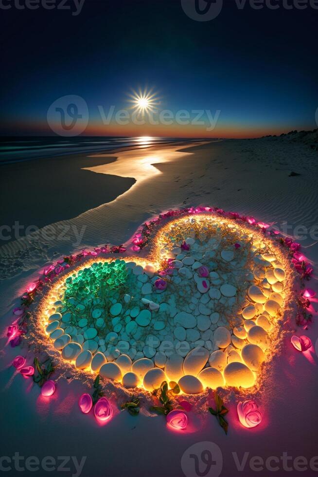 heart made out of stones on the beach. . photo