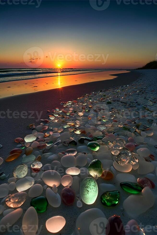 manojo de rocas sentado en parte superior de un arenoso playa. generativo ai. foto