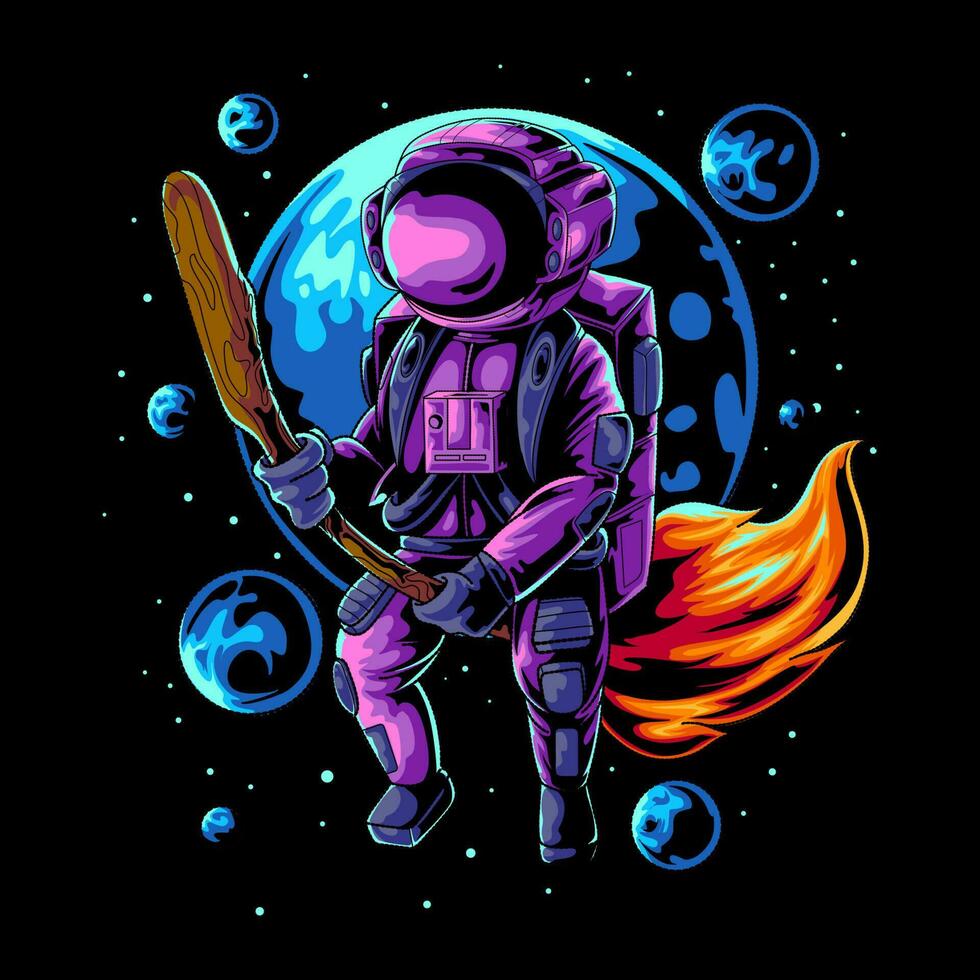 ASTRONAUT WIZARD WITH FLYING BROOM vector