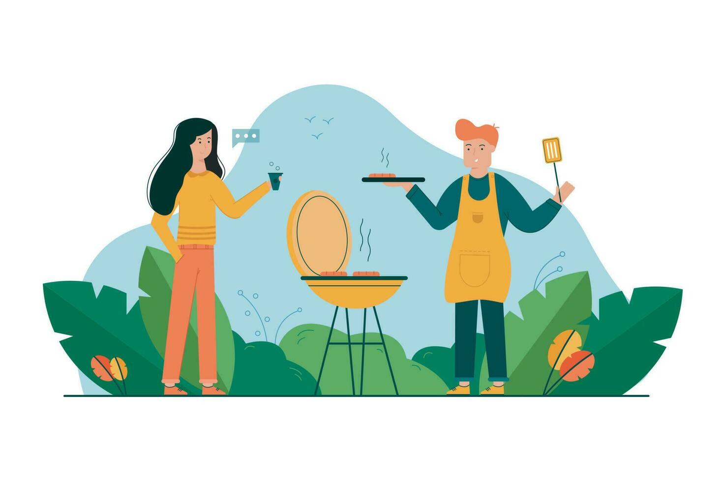 BBQ, holiday, summer, recreation, communication, rest, couple concept vector