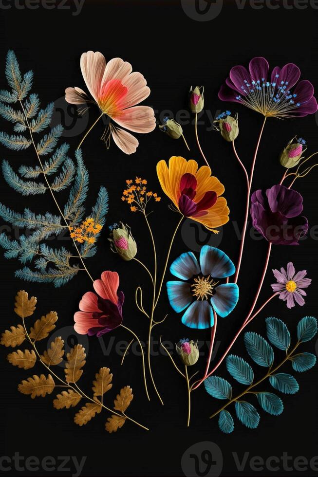 bunch of different colored flowers on a black background. . photo