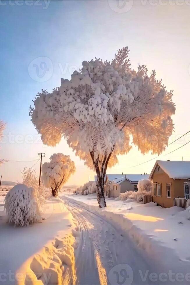 tree that is standing in the snow. . photo