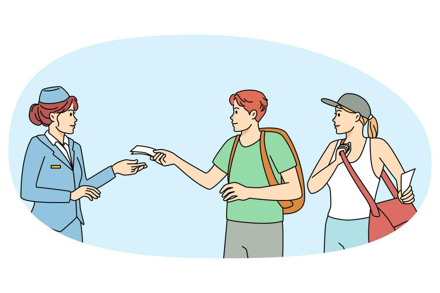 Flight crew member check travelers tickets in airport vector