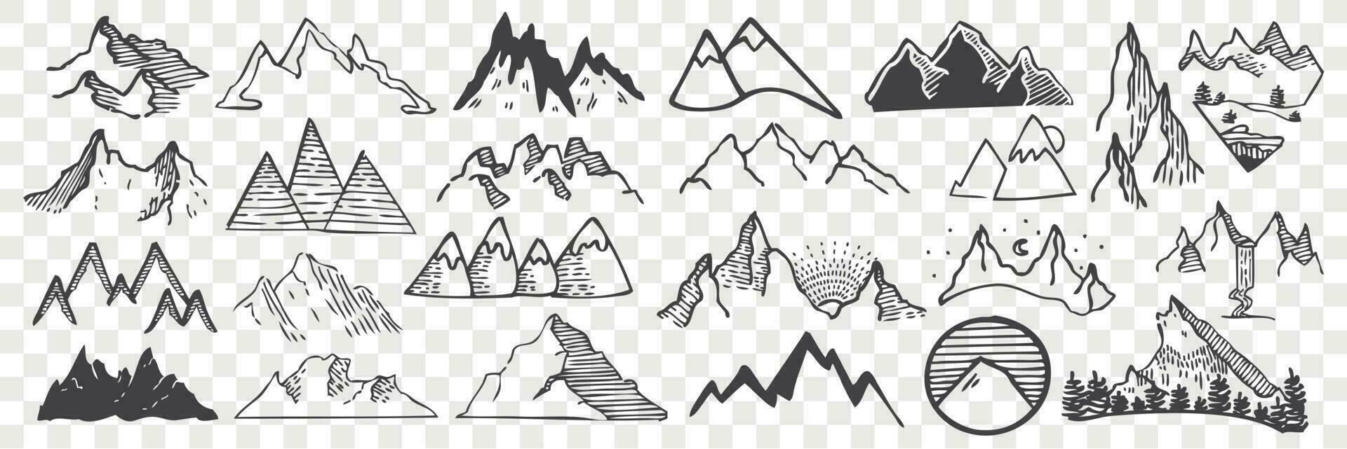 Hand drawn mountain peaks doodle set. vector