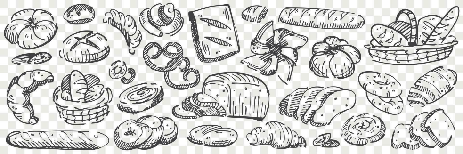 Hand drawn bread doodle set vector