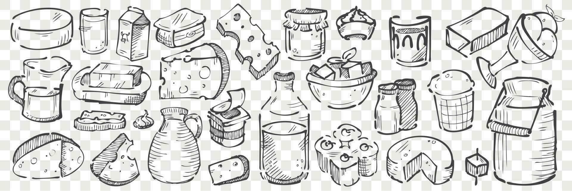 Hand drawn dairy produce doodle set vector