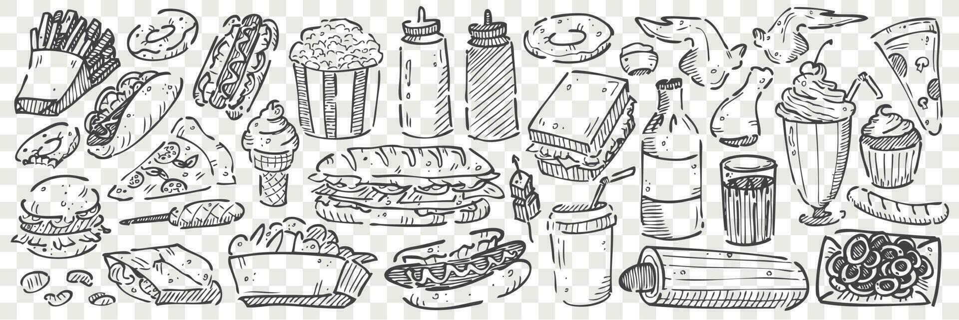 Hand drawn junk food doodle set vector