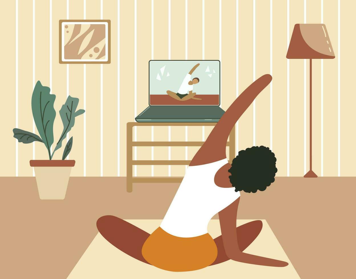 Girl exercising at home and watching online tutorials on laptop. Modern illustration of a woman doing yoga in the living room. Pilates online class, course, quarantine. Illustration for web platform vector