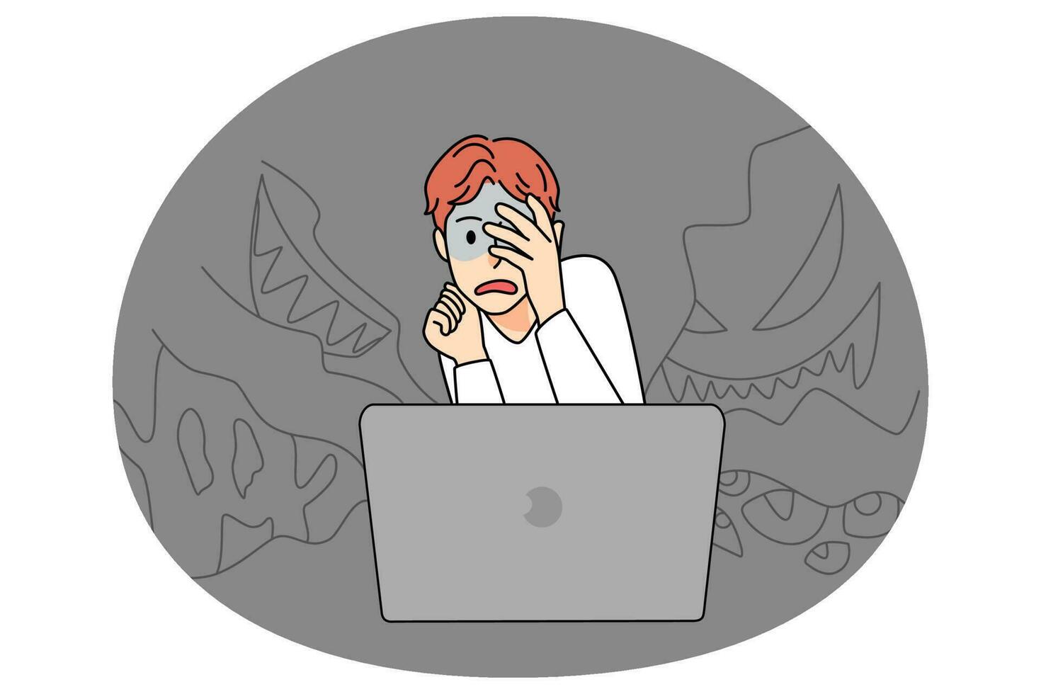 Scared boy watch horror movie on computer vector