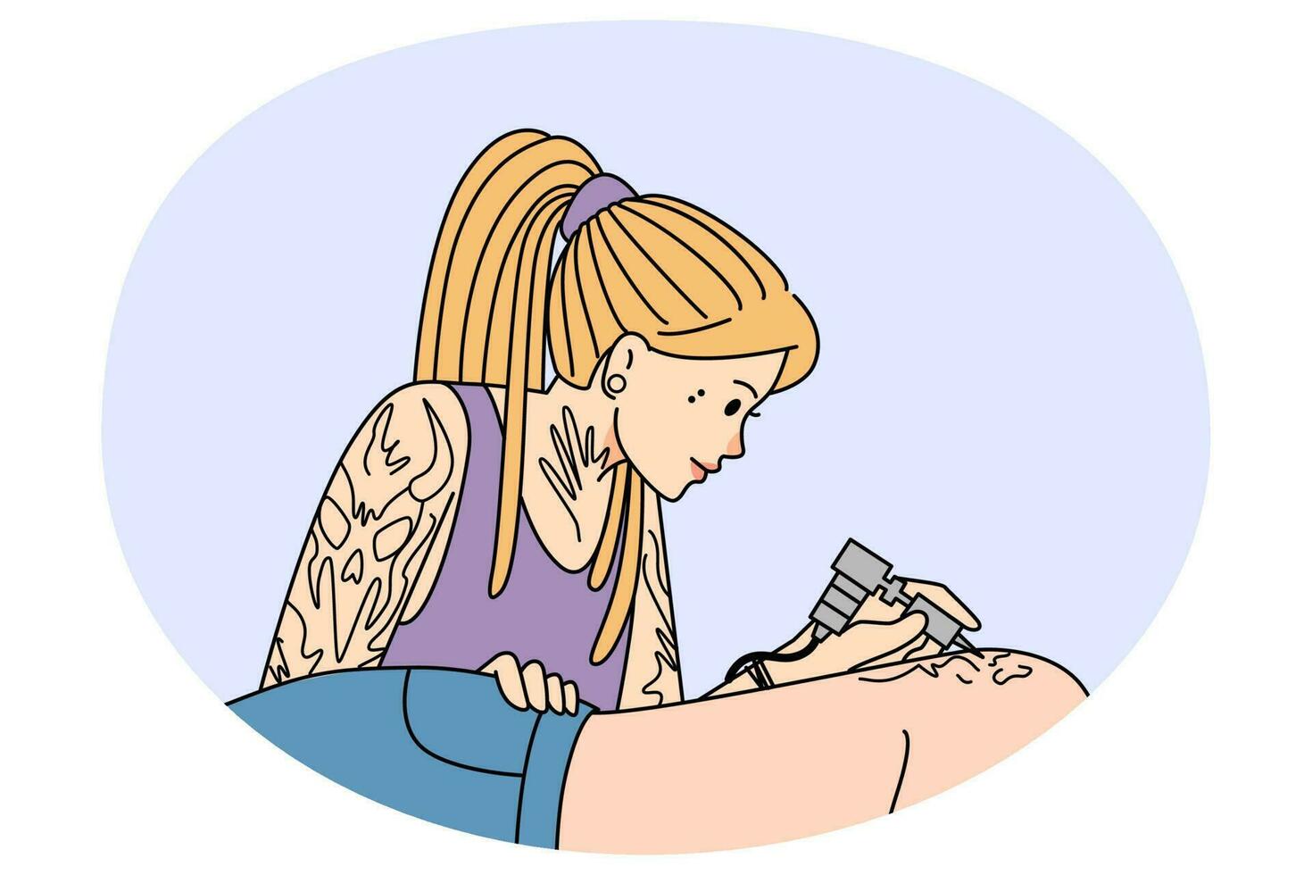 mujer artista dibujar tinta tatuaje en cliente cuerpo vector