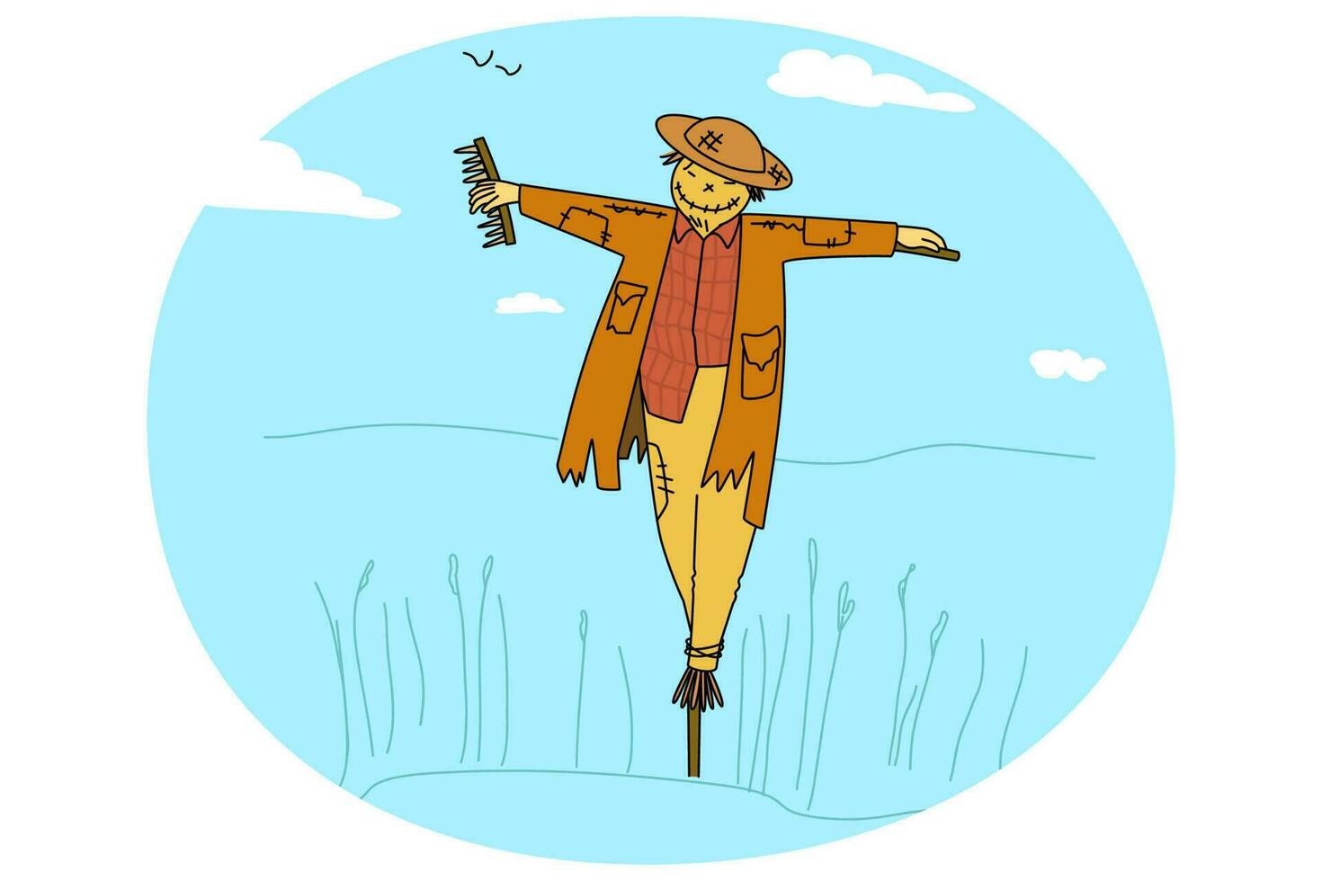 Bird scarer in old clothes stand in field vector