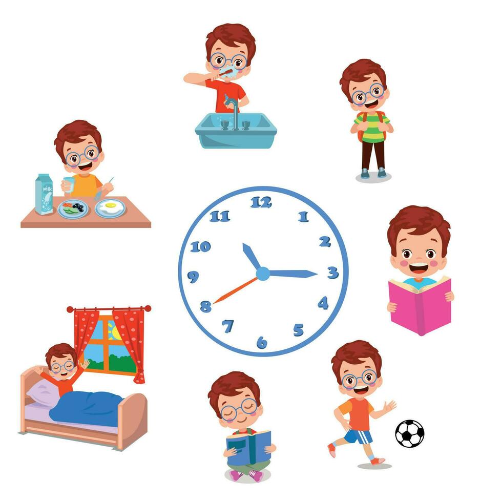 A set of icons for a boy daily routine. vector