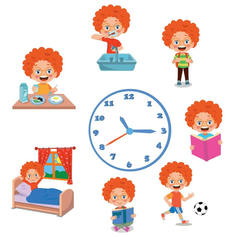 A set of icons for a boy daily routine. vector