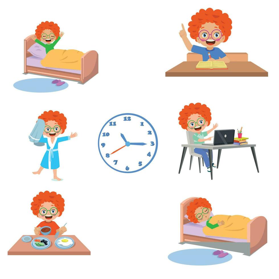 A set of icons for a boy daily routine. vector