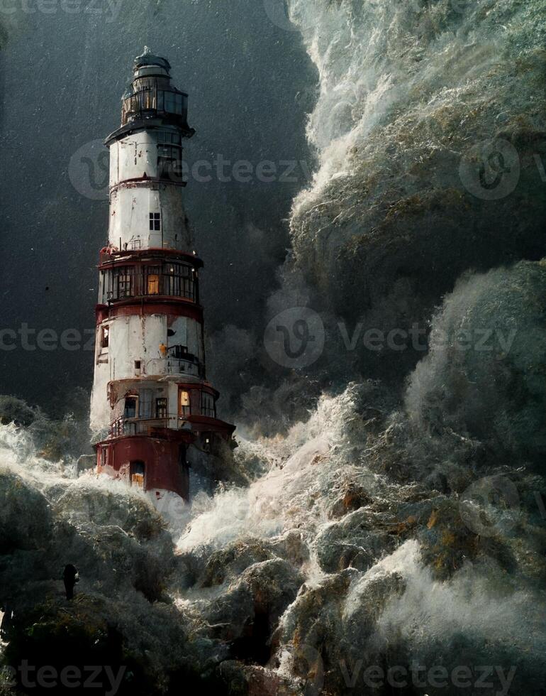 painting of a lighthouse in the middle of a storm. . photo