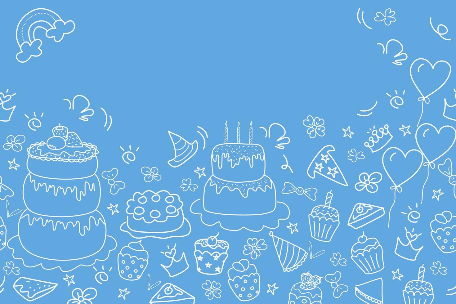 Happy Birthday cake party invitation background banner doodle vector illustration seamless. Celebration with cake balloons hat snack garland decoration. Copy space. Freehand drawing. For kid party.