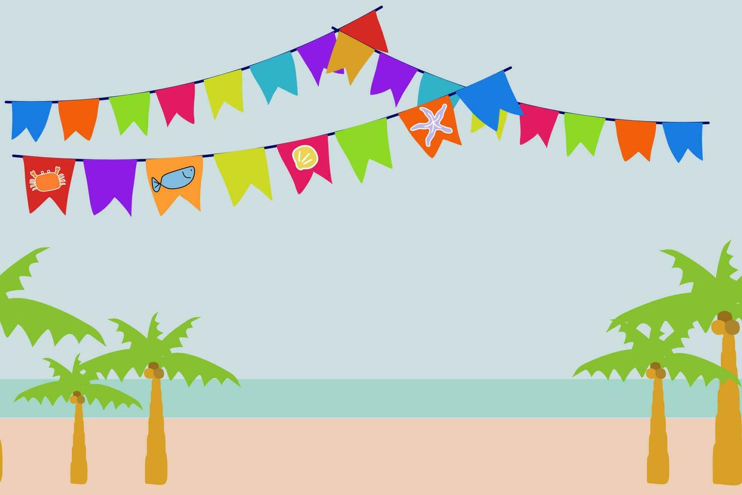 Beach garland bunting sea animal with coconut tree blue ocean background  border frame with cute starfish, fish, shall decoration vector  illustration.Tropical vacation holiday scene with Copy space. 23877328  Vector Art at Vecteezy