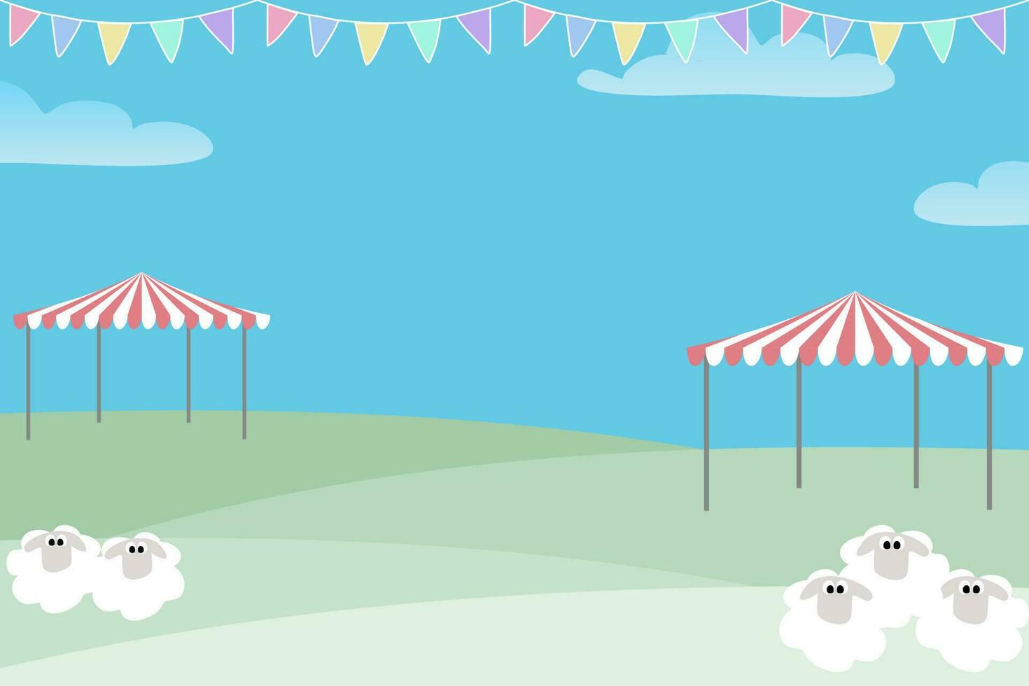 Farmer market summer event urban landscape background banner poster design vector illustration. Trendy for food festival market. Promo concept for bazaar. Copy space. Cartoon sheep cow farm animals.