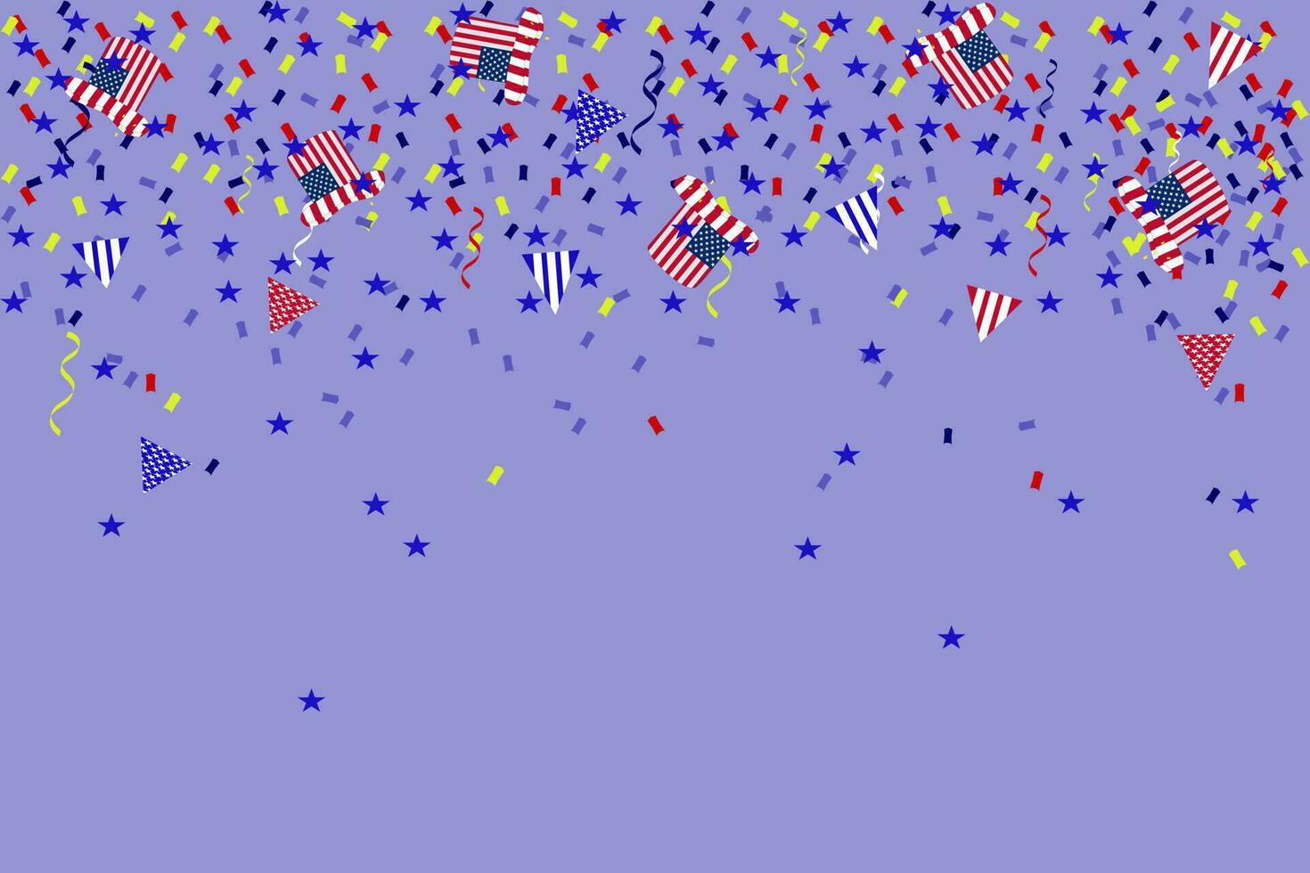 Independence Day background banner USA flag garland, bunting, balloons, confetti, star, ribbon, falling from the sky. Web advertising Celebration parade festival party decoration vector illustration.