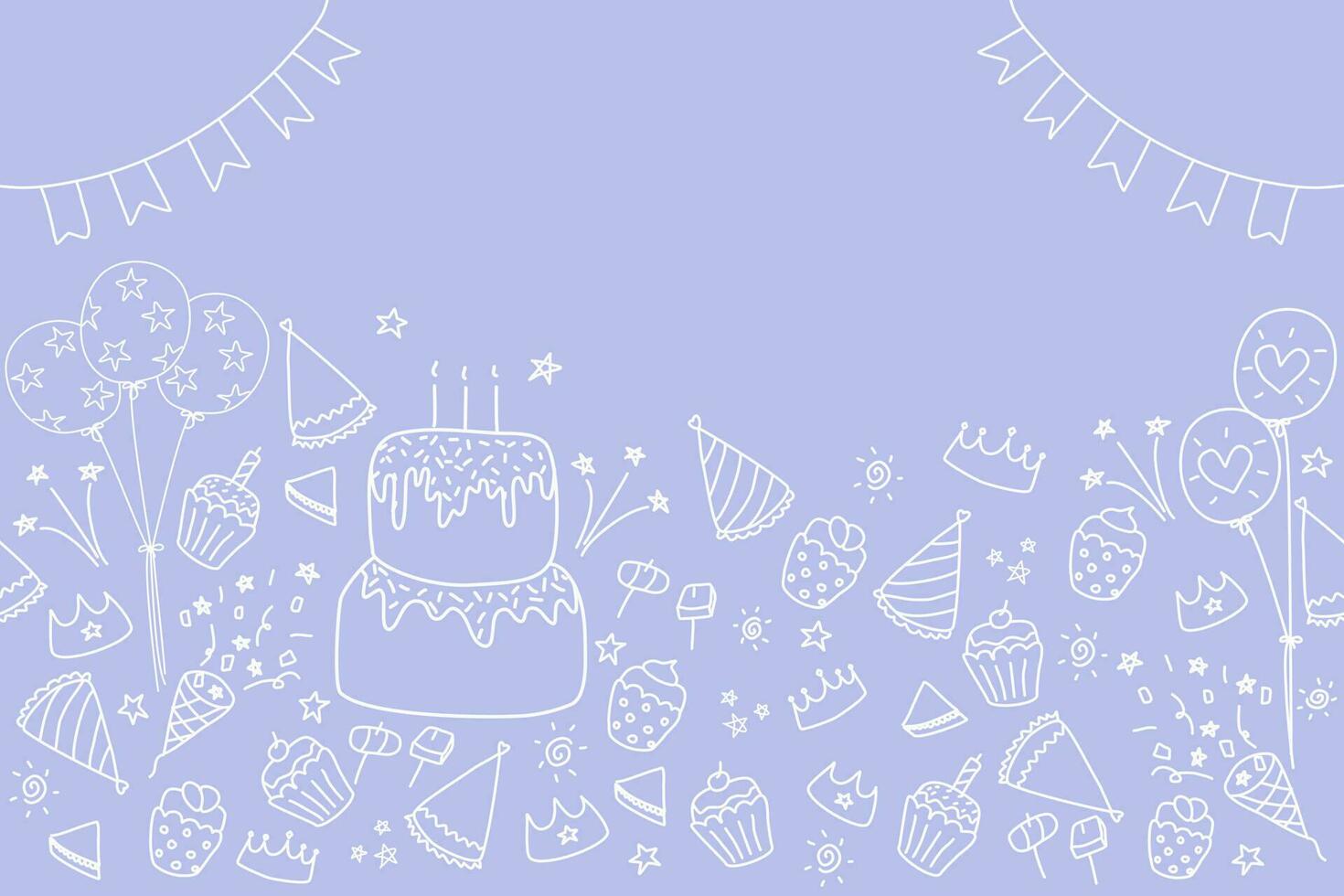 Happy Birthday cake party invitation background banner doodle vector illustration seamless. Celebration with cake balloons hat snack garland decoration. Copy space. Freehand drawing. For kid party.