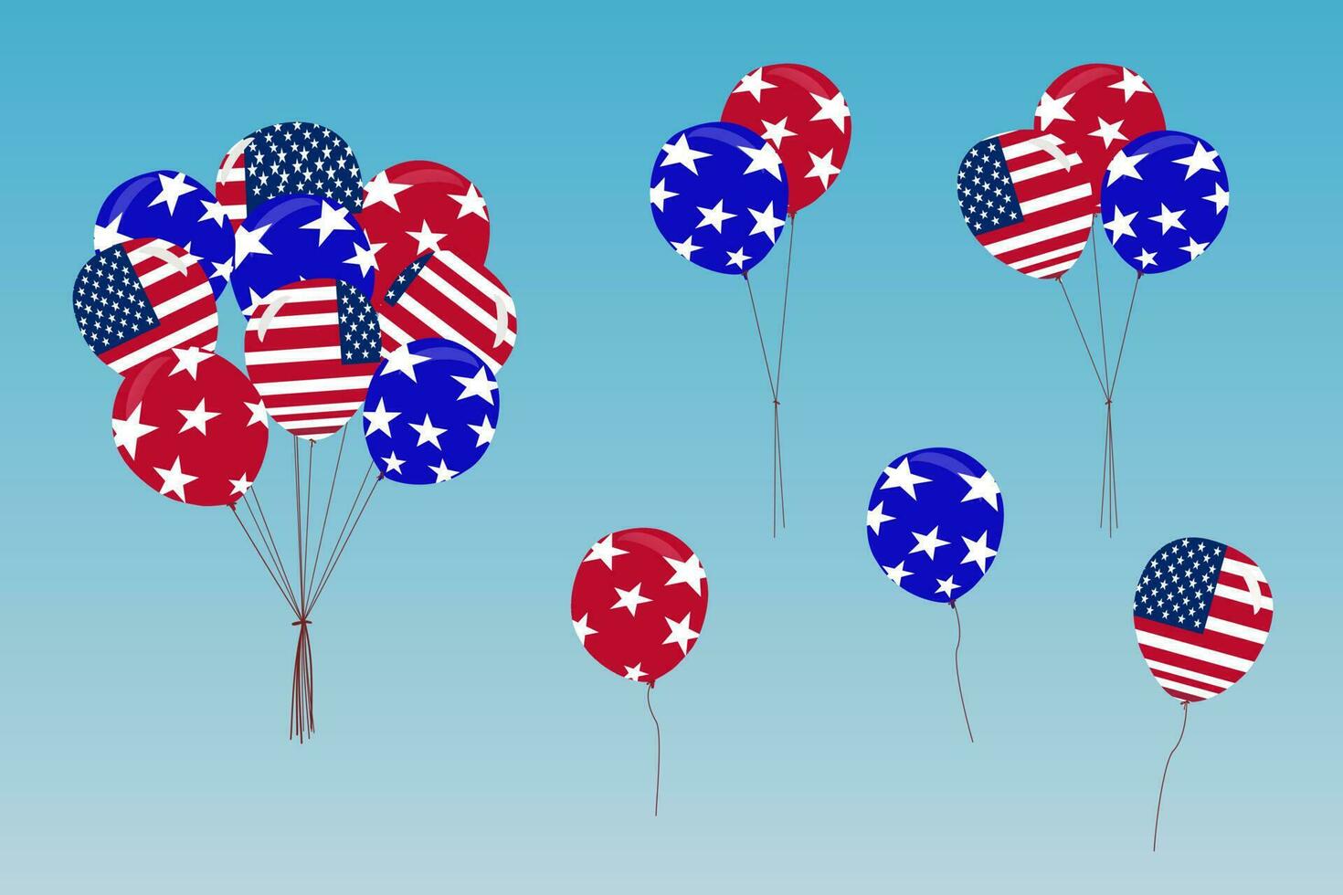 Independence Day background banner USA flag garland, bunting, balloons, confetti, star, ribbon, falling from the sky. Web advertising Celebration parade festival party decoration vector illustration.