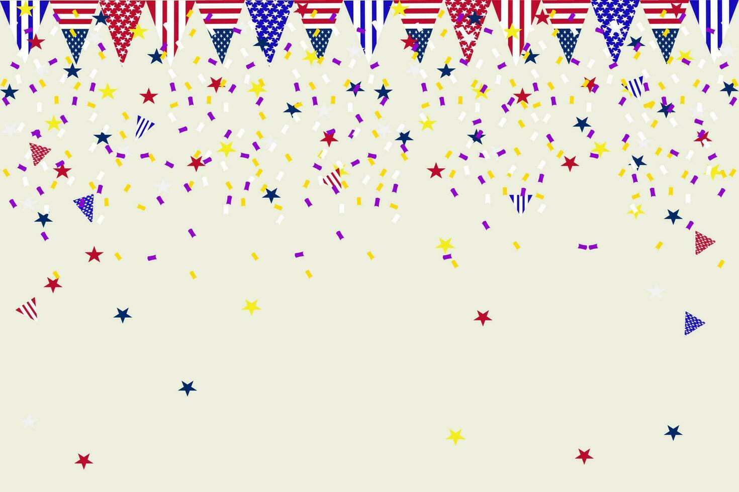 Independence Day background banner USA flag garland, bunting, balloons, confetti, star, ribbon, falling from the sky. Web advertising Celebration parade festival party decoration vector illustration.