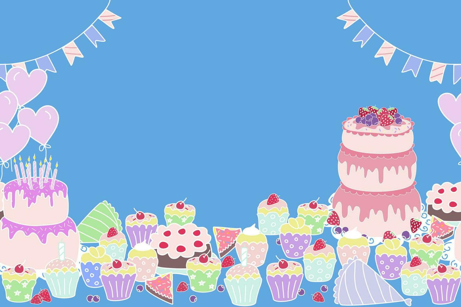 Happy Birthday cake party invitation background banner doodle vector illustration seamless. Celebration with cake balloons hat snack garland decoration. Copy space. Freehand drawing. For kid party.