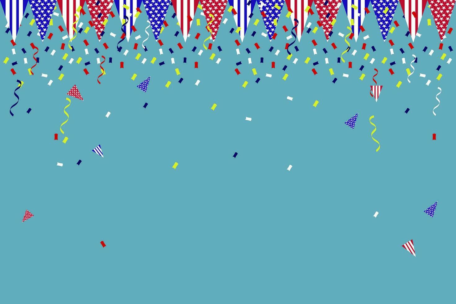 independencia día antecedentes bandera Estados Unidos bandera guirnalda, verderón, globos, papel picado, estrella, cinta, que cae desde el cielo. web publicidad celebracion desfile festival fiesta decoración vector ilustración.