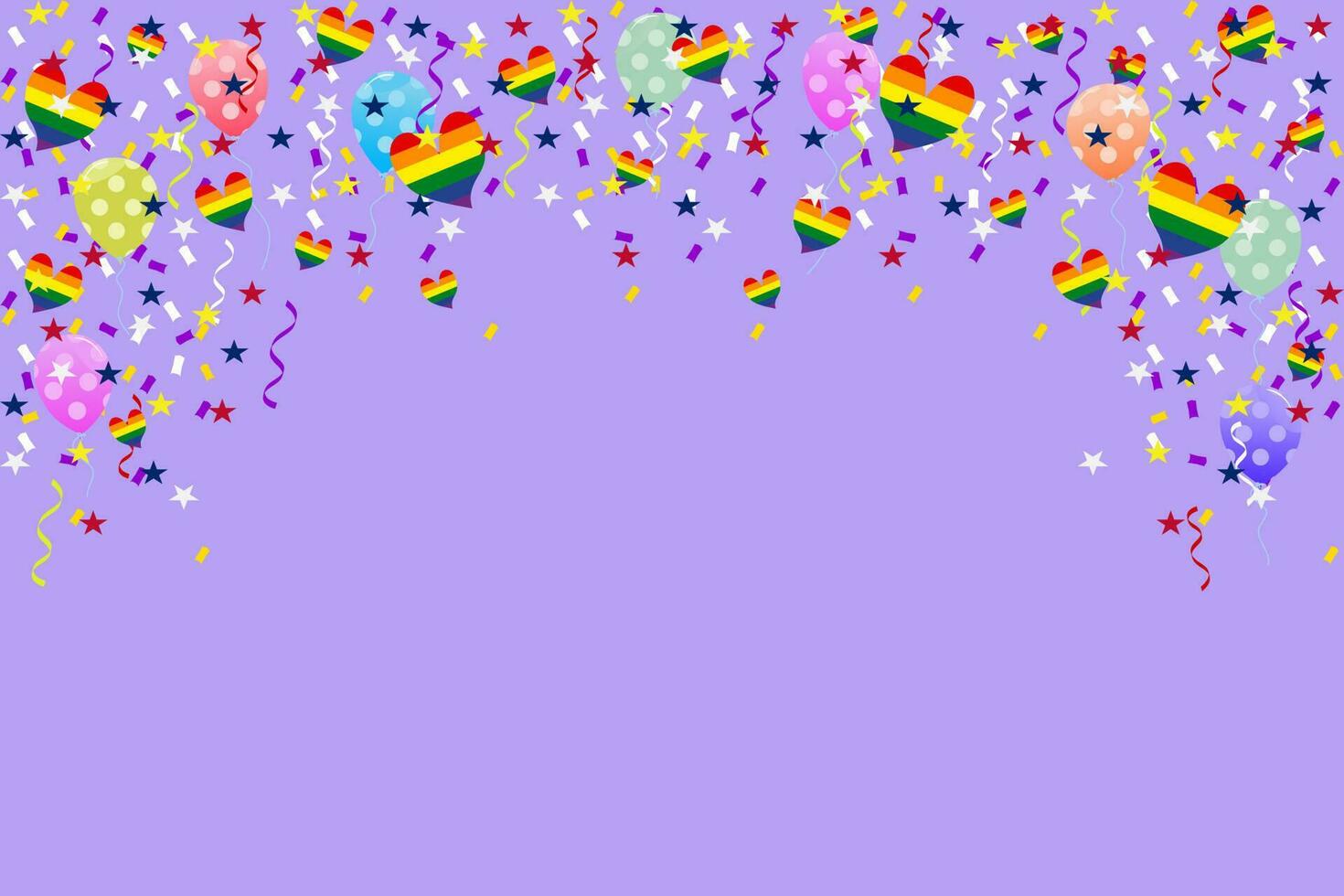 Pride month background LGBTQ Pride Flag Colours. Vector banner with rainbow heart. Symbol of pride month June support. Copy space, heart confetti.