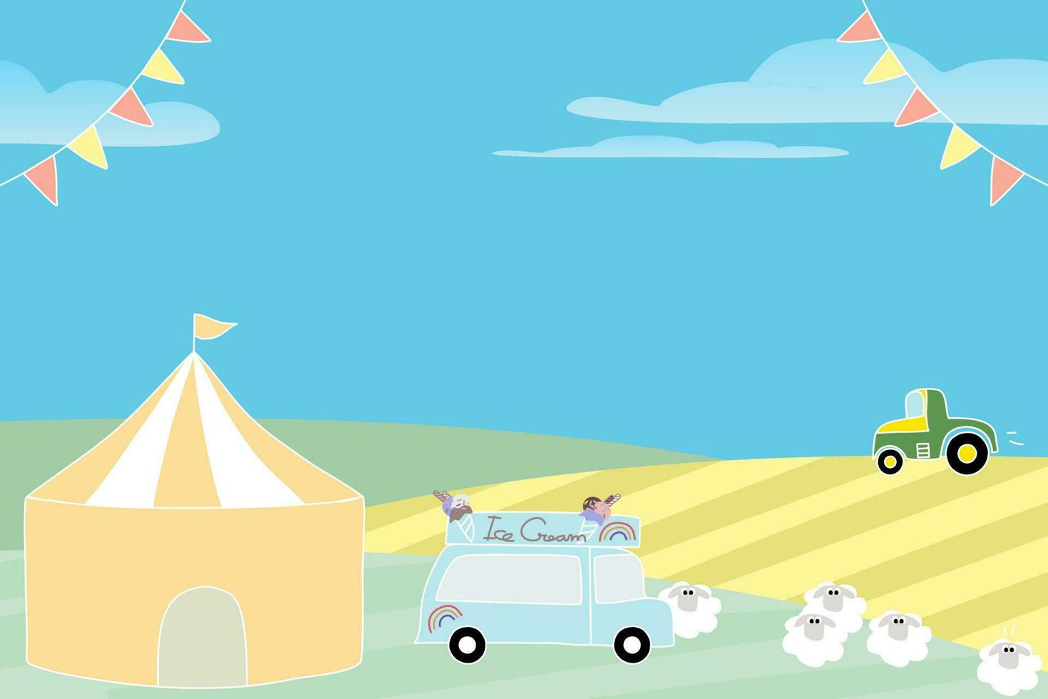Farmer market summer event urban landscape background banner poster design vector illustration. Trendy for food festival market. Promo concept for bazaar. Copy space. Cartoon sheep cow farm animals.