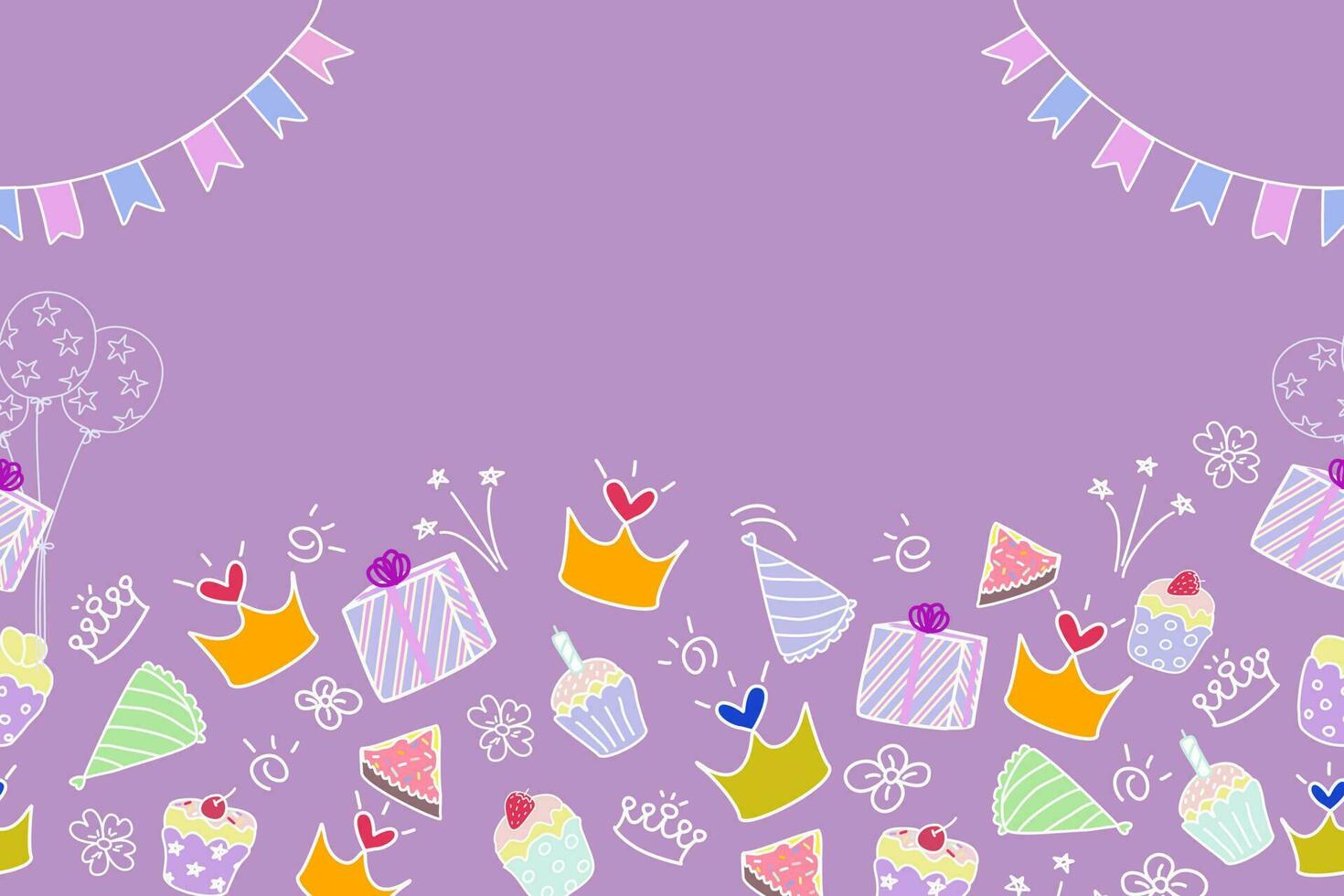 Happy Birthday cake party invitation background banner doodle vector illustration seamless. Celebration with cake balloons hat snack garland decoration. Copy space. Freehand drawing. For kid party.