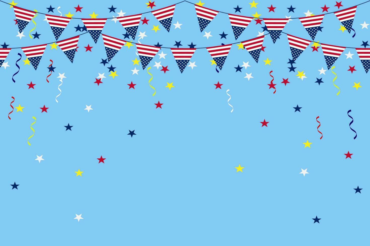 Independence Day background banner USA flag garland, bunting, balloons, confetti, star, ribbon, falling from the sky. Web advertising Celebration parade festival party decoration vector illustration.